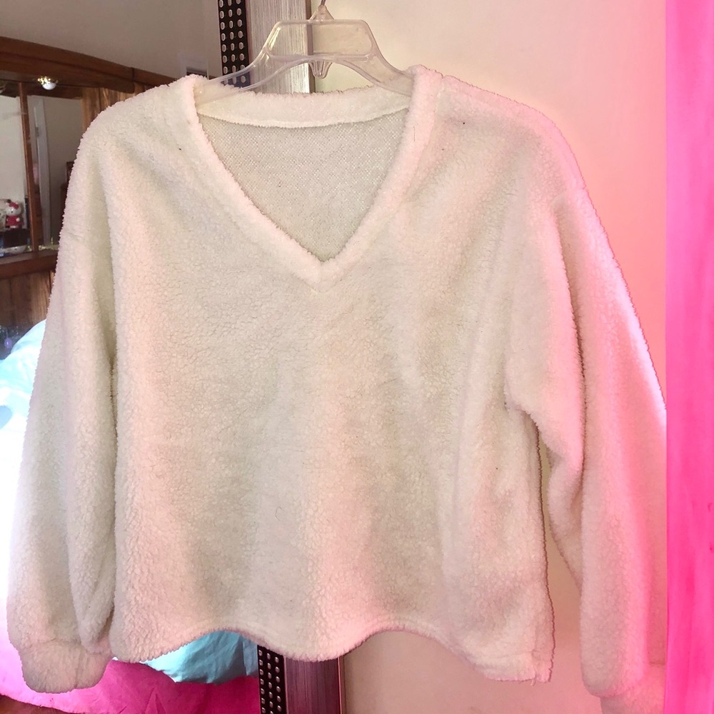 V Neck Fuzzy White Teddy Pullover